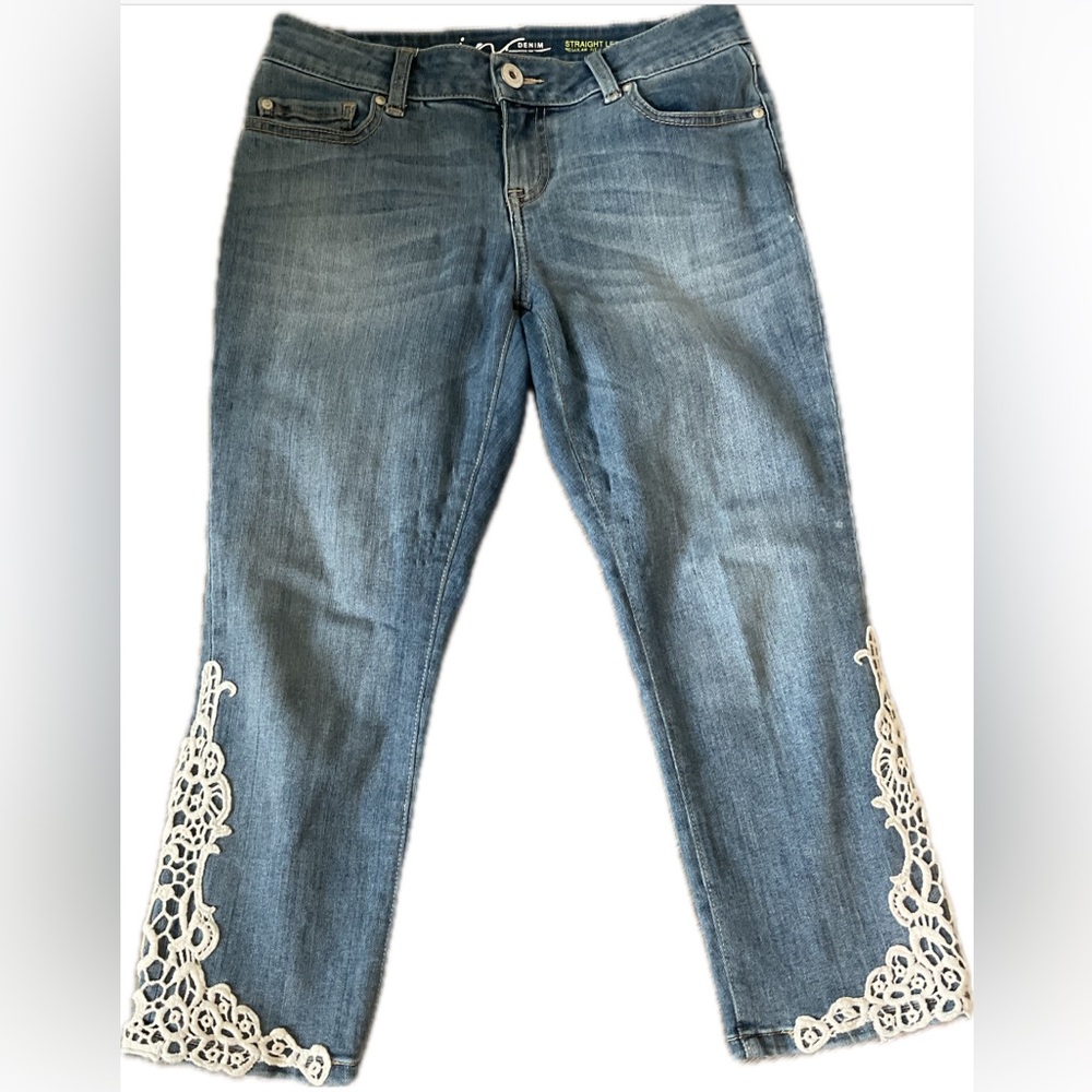 INC Women's Blue Jeans Straight leg cropped with Crochet Detail.